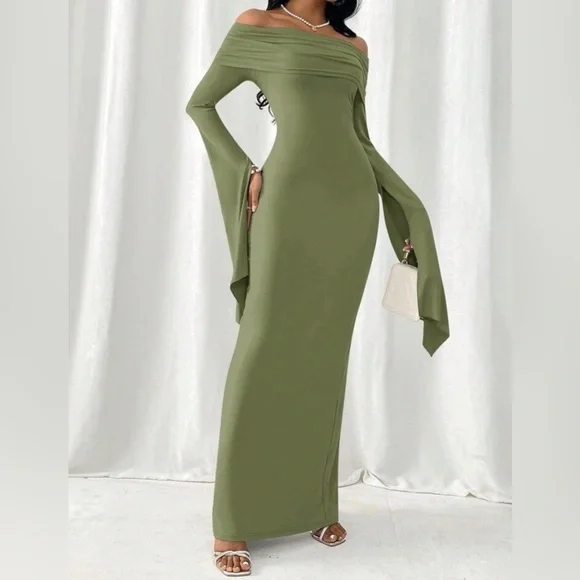 Bronze Noir Enchantment Off-Shoulder Flare Sleeve Dress | Size S - Picture 8 of 8